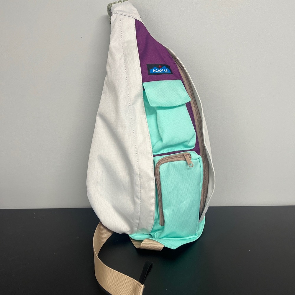 KAVU Rope Bag Sling Backpack White Purple Mint Green Canvas Crossbody Bag